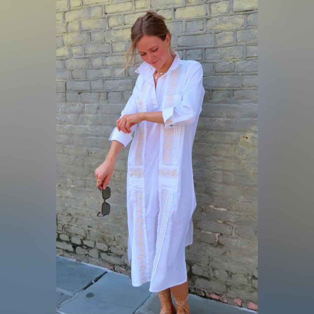 White Midi Shirt Dress with Embroidered Panels